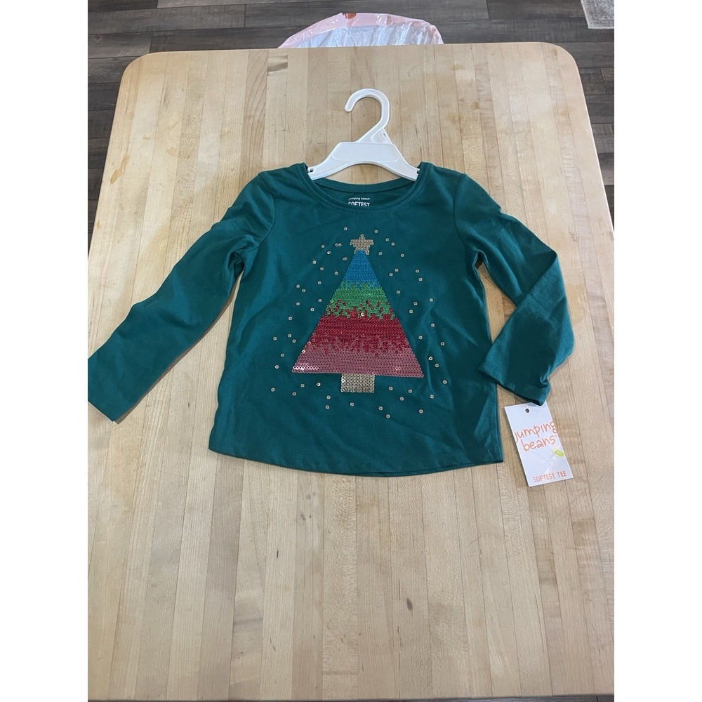 CHRISTMAS TREE Softest Tee Size 2T Green JUMPING BEANS SEQUIN Long Sleeve NWT